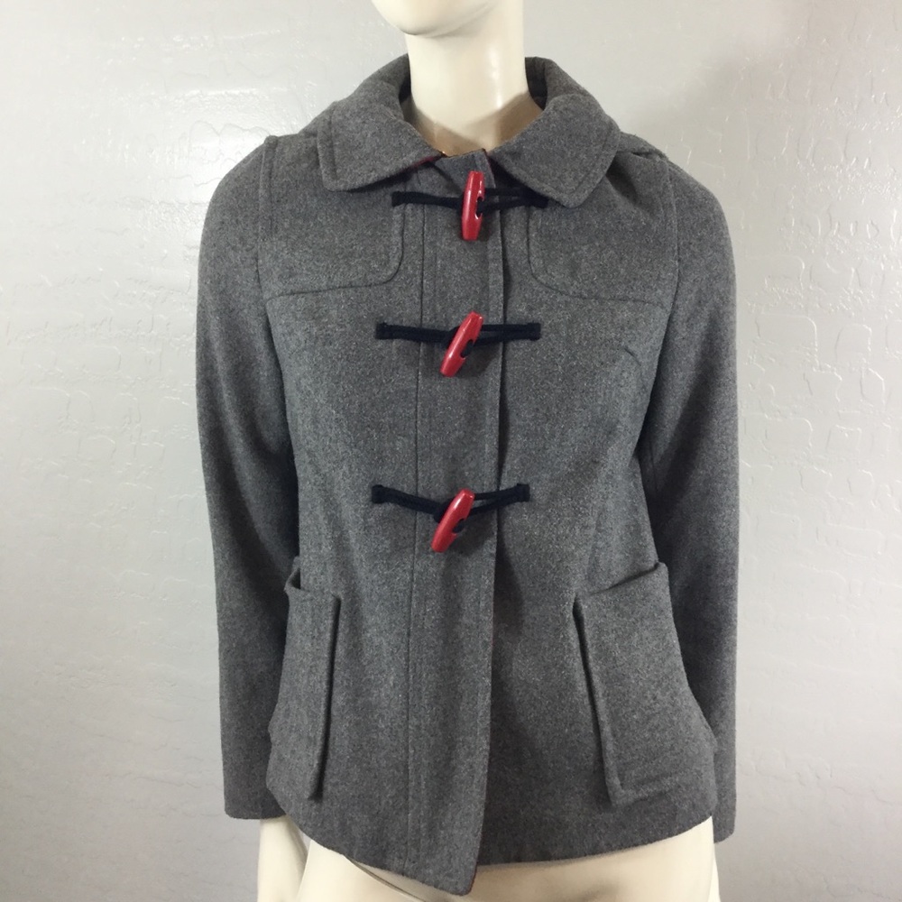 Old Navy Grey Toggle Coat with Red Plaid Accent